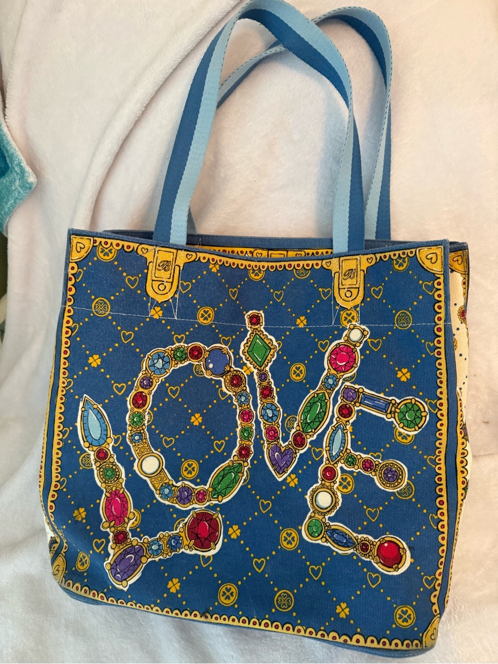 Blue Jewel-Embellished Canvas Tote Bag